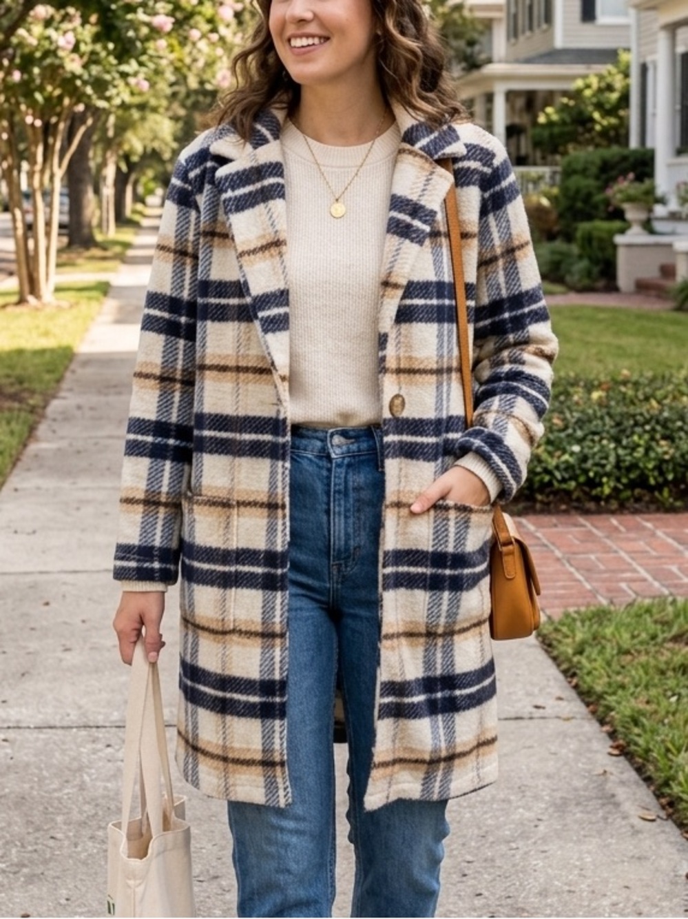 Plaid Longline Warm Shacket Coat - Navy & Cream with Pockets